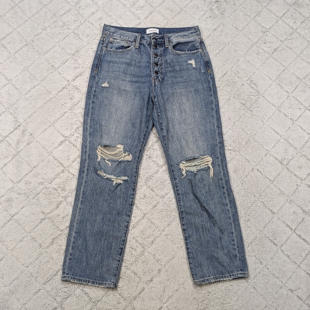 Pistola Jeans Womens 27 Blue Medium Wash Distress Straight Hi-Rise Button Fly